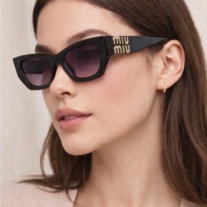 Miu Miu Black Cat-Eye Sunglasses with Gold Logo Accents